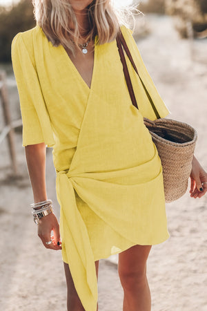 Damen Wickelkleid Kurzarm – V-Ausschnitt, Leinen-Optik, Boho-82990-cbe52576-520c-483d-bb31-c74b25281a13