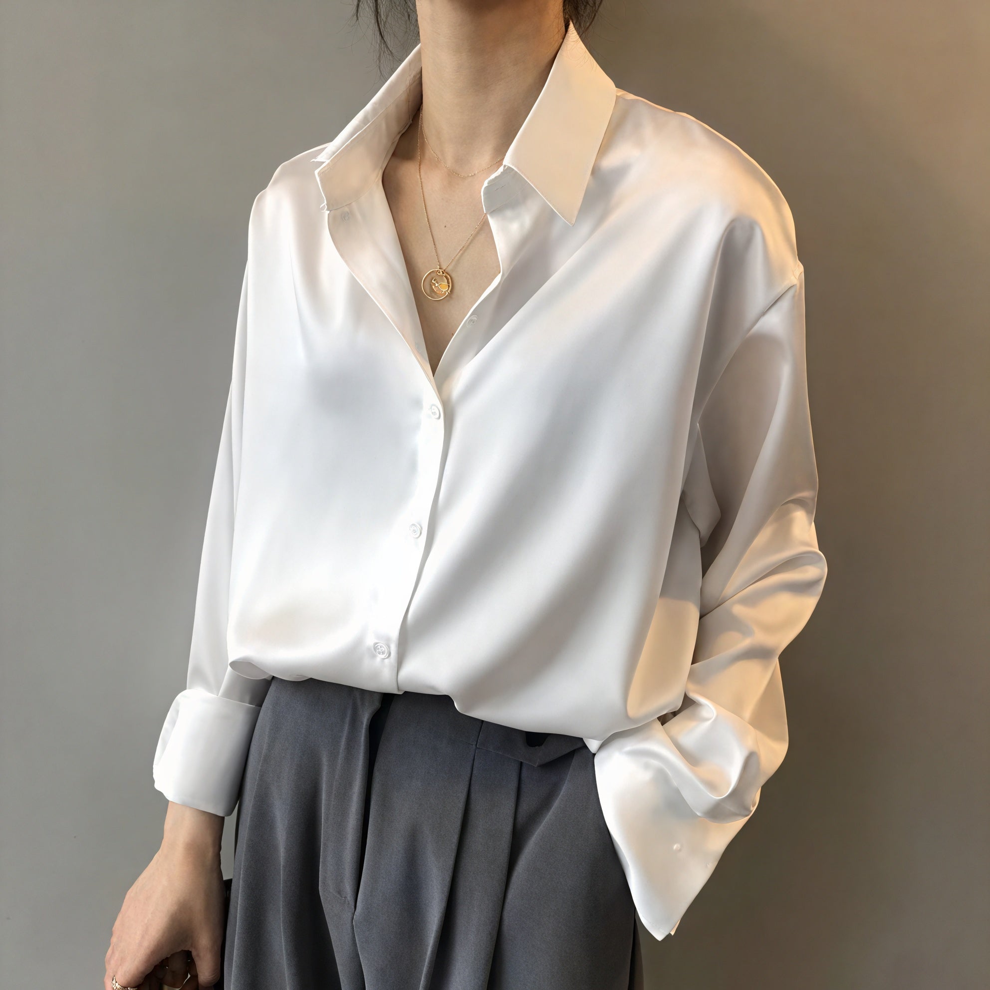 Olive | Elegant Fit Satin Blouse with Soft Sheen - Image 2