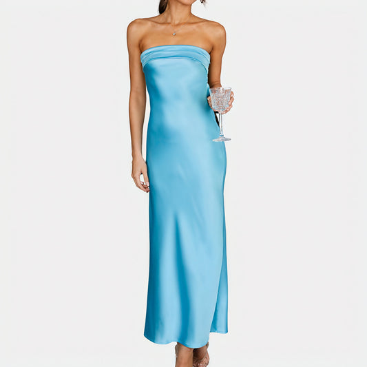Courtney | Elegant Strapless Long Satin Look Dress - Image 1