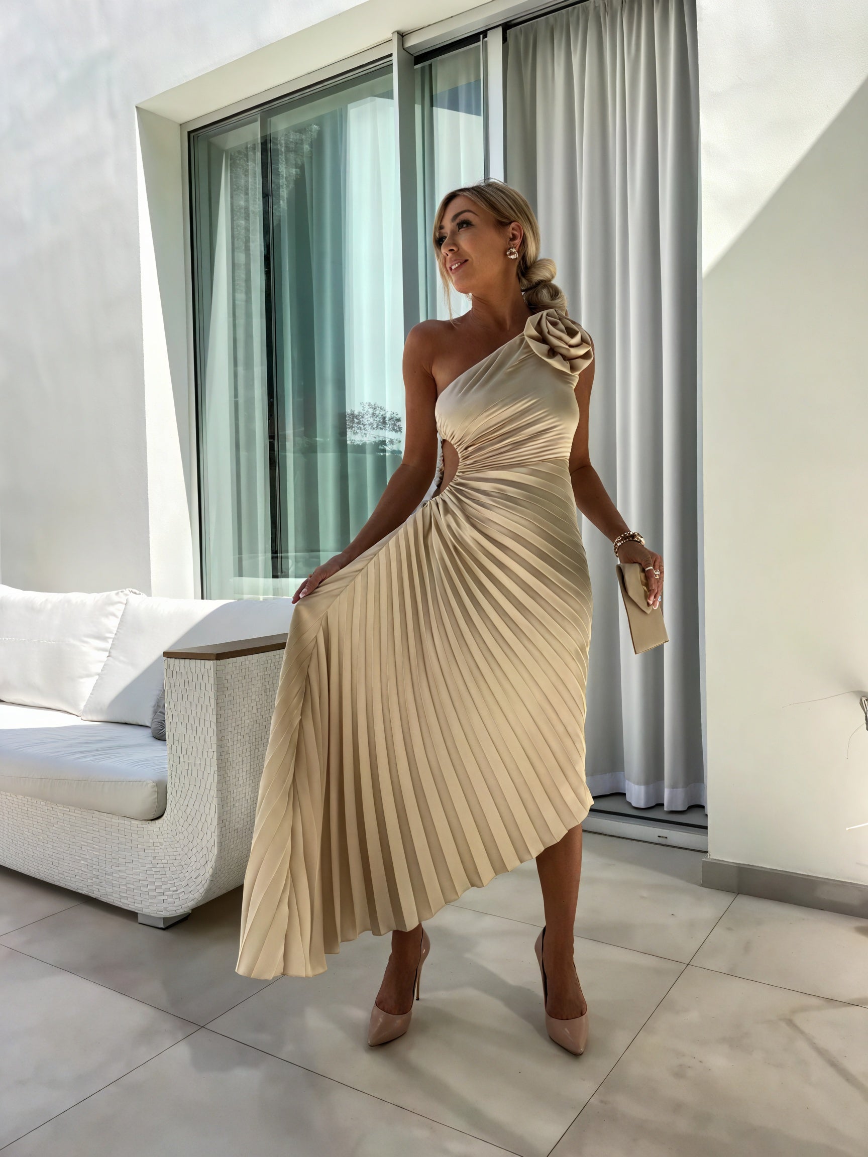 Mandy | Elegant Shoulder Pleated Dress - Image 11