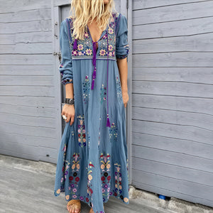 Lilly | Long-Sleeve Bohemian Maxi Dress with Embroidered V-Neck and Tassels - Image 2