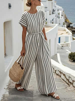 AVA MODA Damen Jumpsuit – Gestreift, Weites Bein, Gürtel, Kurzarm-83287-2d391c01-1a11-49eb-8499-968cbdea13c4