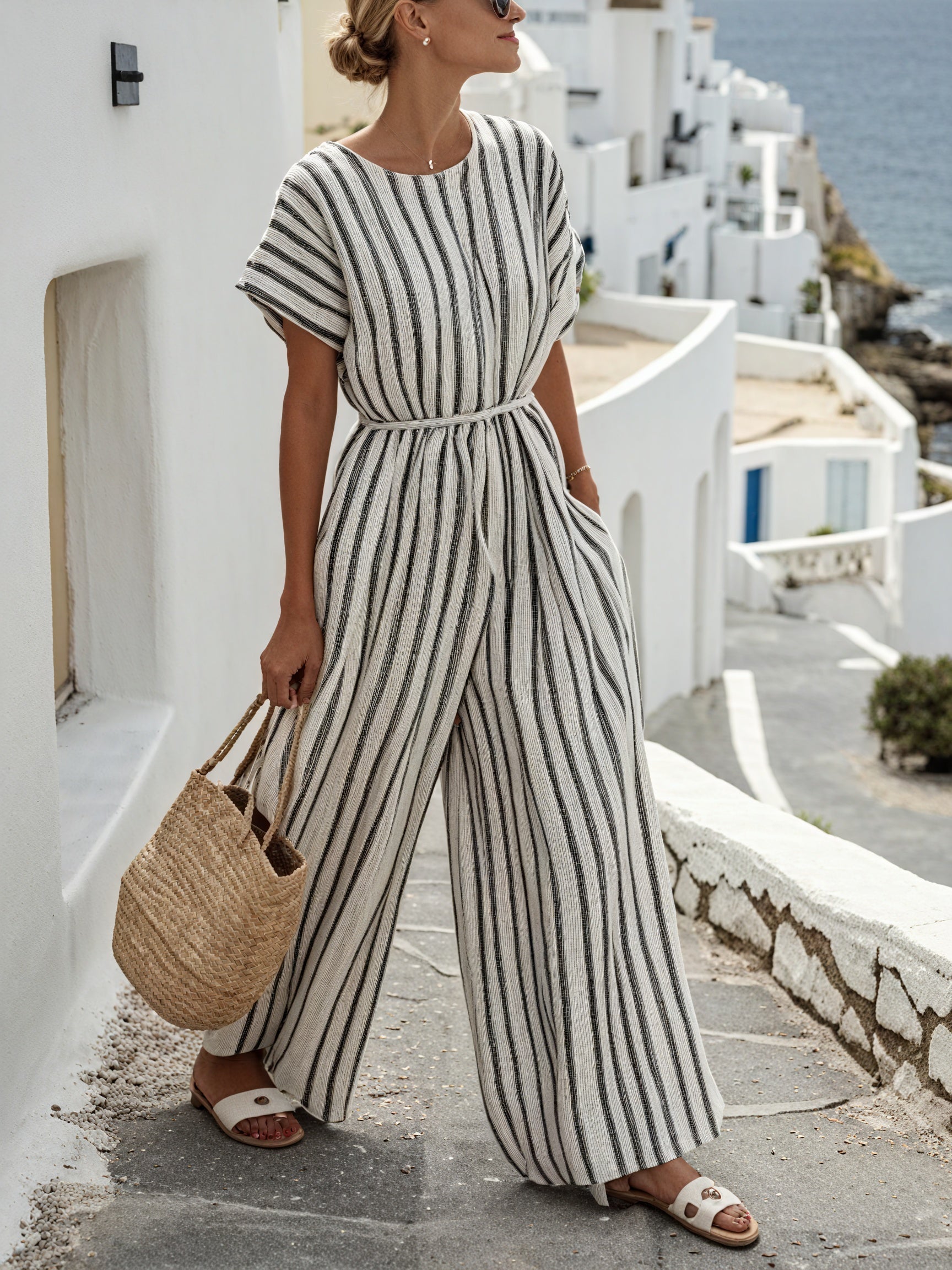 AVA MODA Damen Jumpsuit – Gestreift, Weites Bein, Gürtel, Kurzarm-83287-2d391c01-1a11-49eb-8499-968cbdea13c4