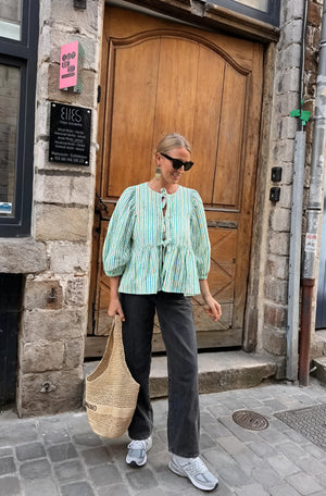 Damen Bluse Grün Weiß Gestreift mit Bindedetail und Puffärmeln-83297-e9500148-d66a-4b16-b2a4-0bea86b5e139