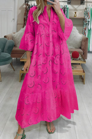 AVA MODA Damen Lochstickerei-Kleid – V-Ausschnitt, 3/4-Ärmel, Durchgehende Knopfleiste-83323-1280320f-48bd-4025-a2de-df9af720b1a3