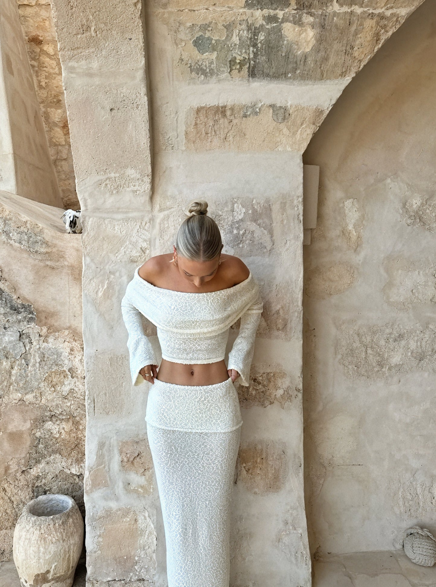 Damen Off-Shoulder Zweiteiler – Strukturiert, Langer Ärmel & Rock, Elegant-83558-0602abff-7e3c-42e7-aae0-89d21cd59040