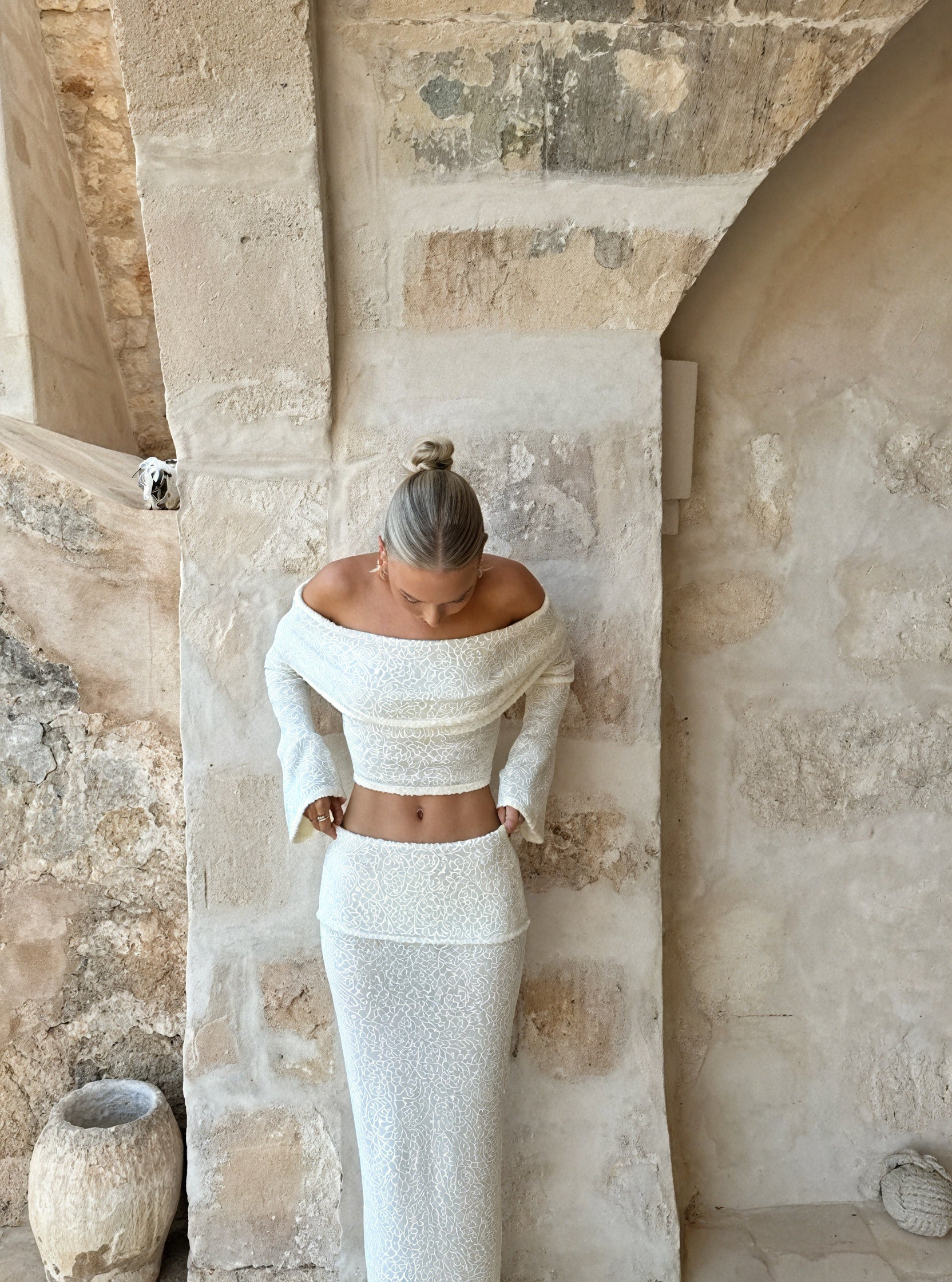 Damen Off-Shoulder Zweiteiler – Strukturiert, Langer Ärmel & Rock, Elegant-83558-0602abff-7e3c-42e7-aae0-89d21cd59040