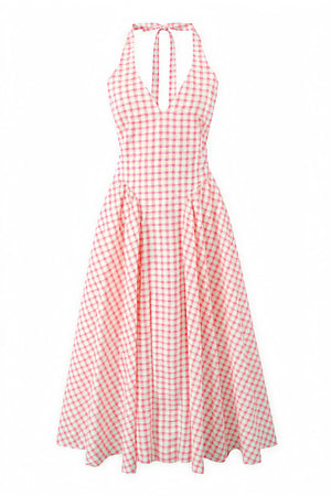 Damen Kleid – Rosa Weiß Gingham, V-Ausschnitt, Plissierter Rock, AVA MODA-83586-ad8c3dd0-79c9-4185-82c2-589b41987e80
