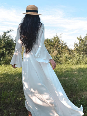 Damen Maxikleid – Fließend, Lange Ärmel, V-Ausschnitt, Bindegürtel-83779-cbe3a0c3-375e-4de2-b457-664227bd5d2e