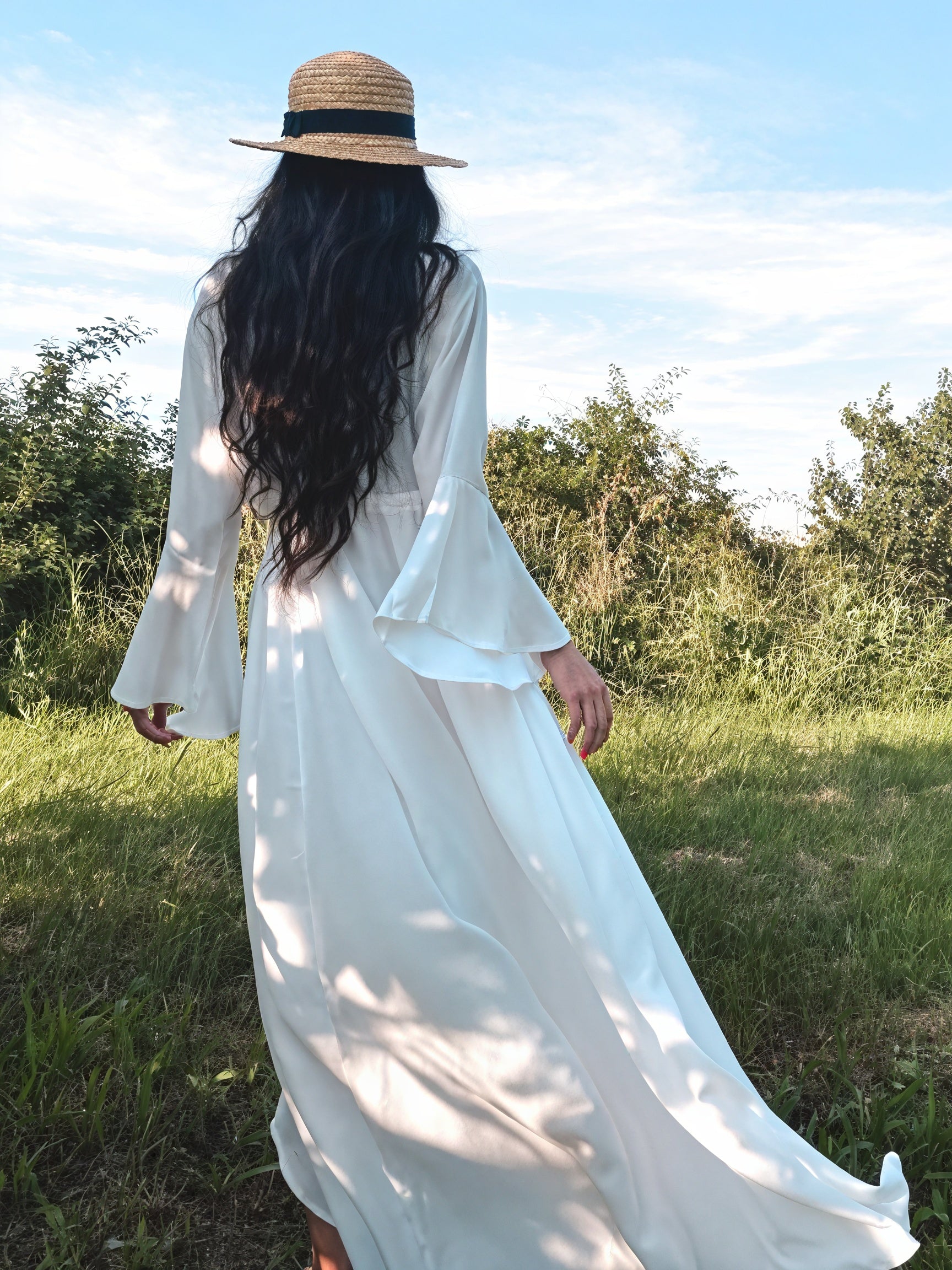 Damen Maxikleid – Fließend, Lange Ärmel, V-Ausschnitt, Bindegürtel-83779-cbe3a0c3-375e-4de2-b457-664227bd5d2e