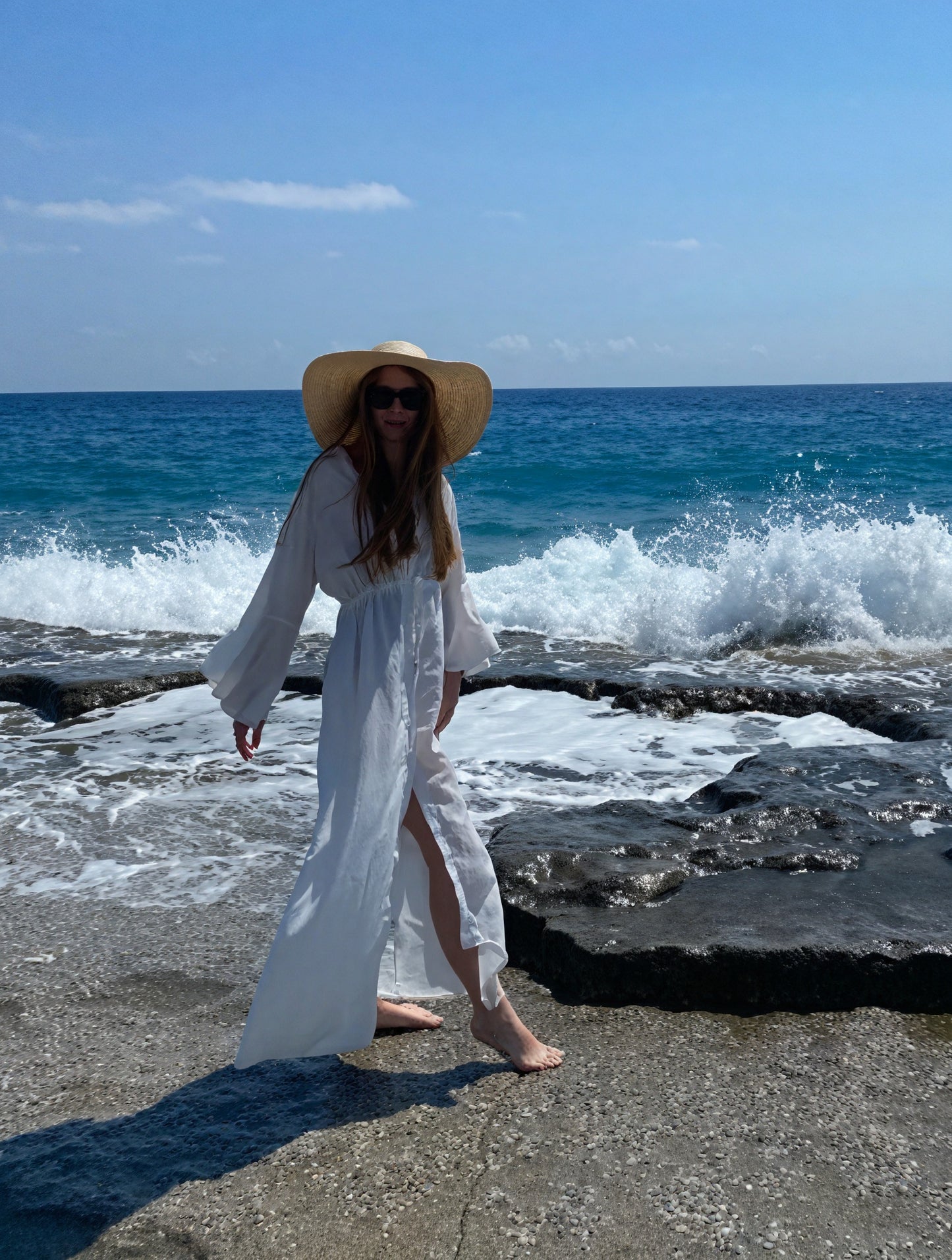 Damen Maxikleid – Fließend, Lange Ärmel, V-Ausschnitt, Bindegürtel-83779-1ac6fbb2-cd3b-4ae4-ac4d-e94d6a2162bd