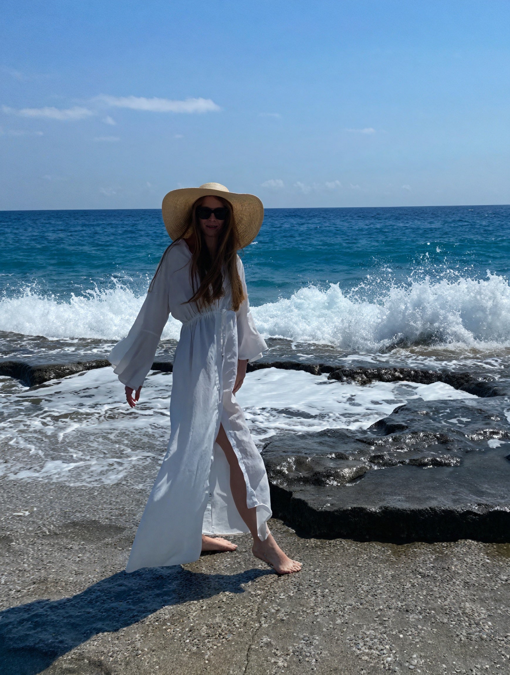 Damen Maxikleid – Fließend, Lange Ärmel, V-Ausschnitt, Bindegürtel-83779-1ac6fbb2-cd3b-4ae4-ac4d-e94d6a2162bd