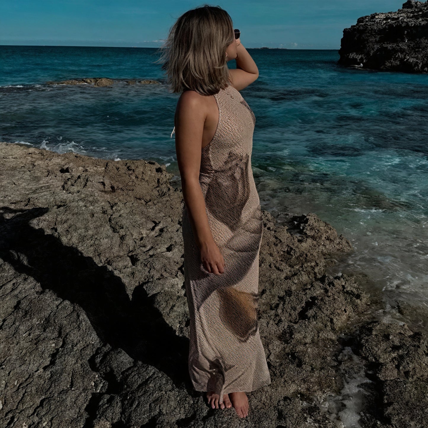 Damen Maxikleid – Halterneck, Einzigartiger Print, Strukturiert, Bodenlang, Leicht-83816-f9e47f60-6961-4a72-899d-1d20b7bc114b