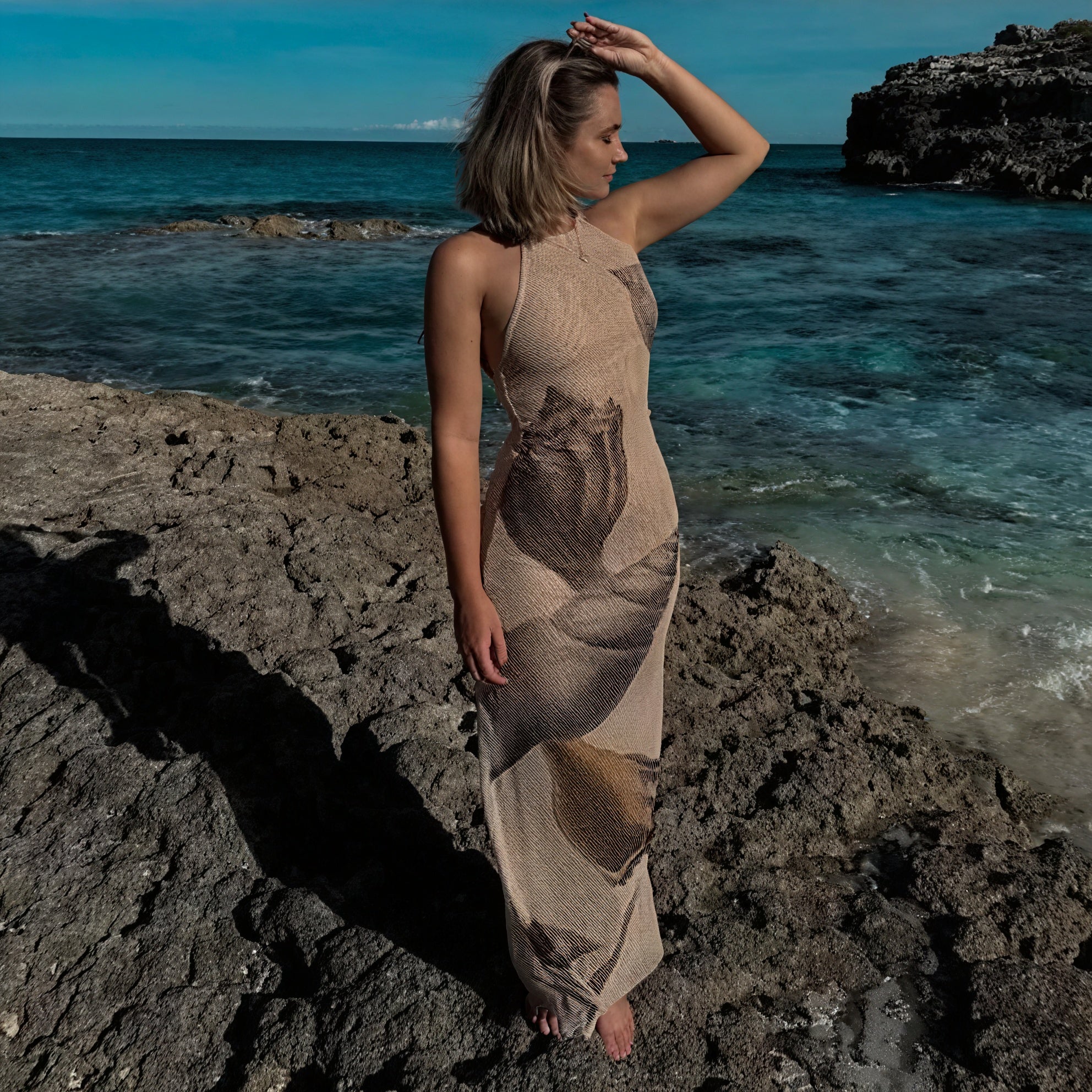 Damen Maxikleid – Halterneck, Einzigartiger Print, Strukturiert, Bodenlang, Leicht-83816-c102dc19-a8a1-4a7d-ad77-948b69298a8e