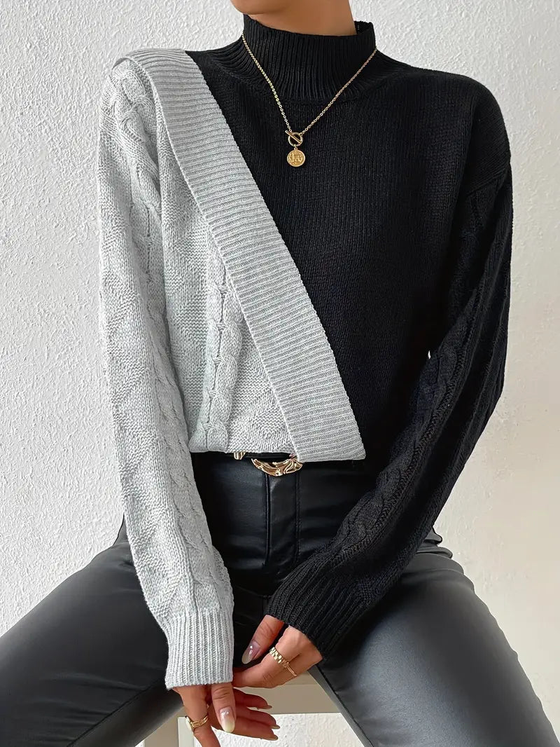 Damen Rollkragenpullover – Color Block Zopfstrick Design, AVA MODA-54586-b1c5e7a2-7e02-452a-98eb-a706d10e37da