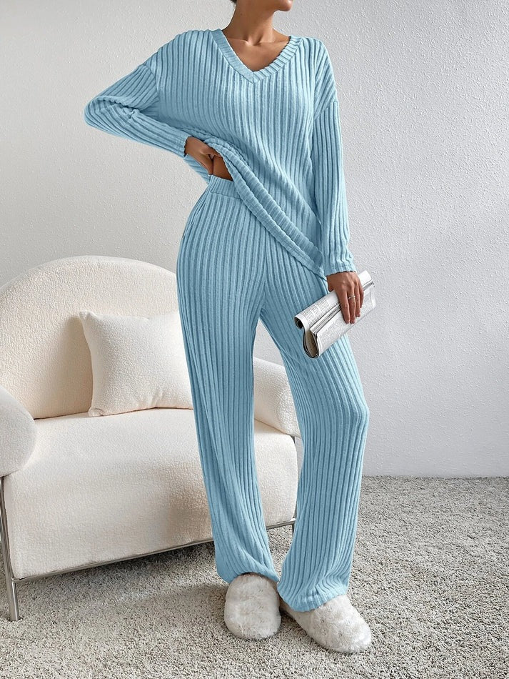 Weites Bein Loungewear Set - Rippstrick