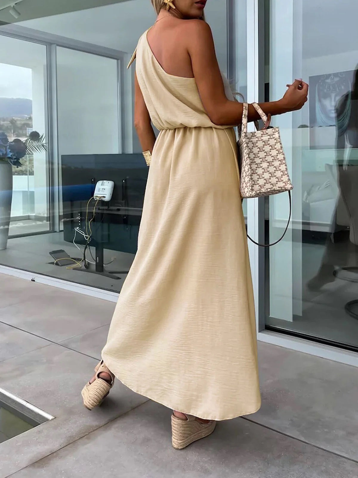 Damen Kleid Ein-Schulter Asymmetrischer Ausschnitt Seitenschlitz Taillenband-83342-8839f17e-0ff8-443f-9d9c-d30e02aead09