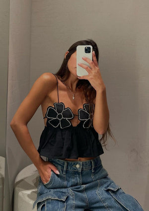 Flower Peplum Top - Halter Neck Detail