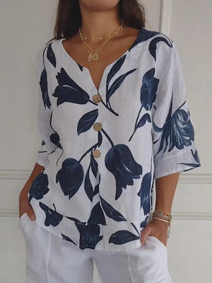 Floral V-Neck Blouse - Button-Down Top