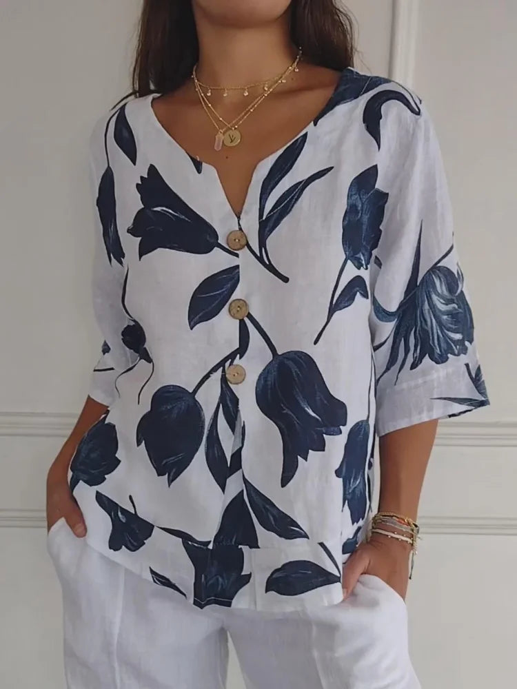 Floral V-Neck Blouse - Button-Down Top