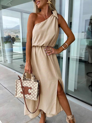 Damen Kleid Ein-Schulter Asymmetrischer Ausschnitt Seitenschlitz Taillenband-83342-947f2705-4bd7-4ca0-9a92-99f77353499c