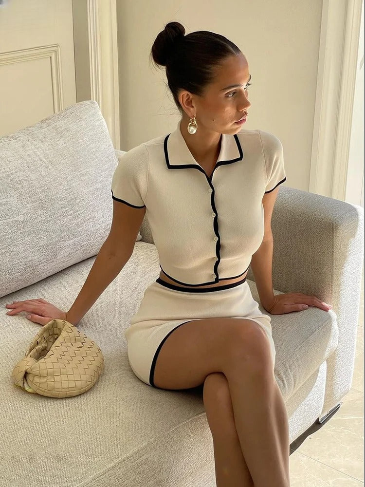 Polo-Strickset mit Minirock - Kontrastbesatz