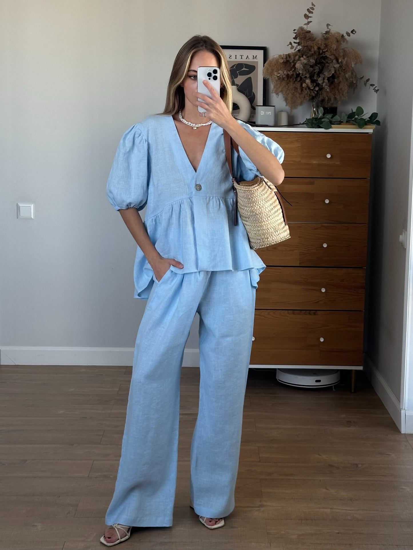 AVA MODA Damen Leinen Zweiteiler – Puffärmel Top & Weite Hose – Passendes Set-83274-995f1147-86be-4d33-a67f-396f45528208