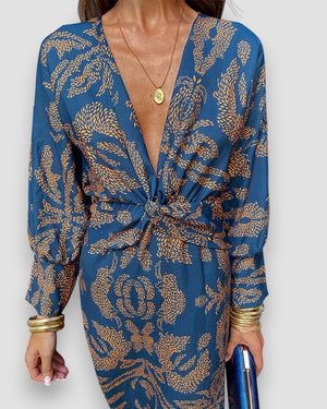 Damen Langarmkleid – Bedruckt mit V-Ausschnitt & Knotendetail-83293-9bbd0c1b-d296-49ad-8b72-dcf895a4ce8e