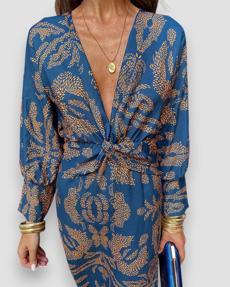 Damen Langarmkleid – Bedruckt mit V-Ausschnitt & Knotendetail-83293-9bbd0c1b-d296-49ad-8b72-dcf895a4ce8e