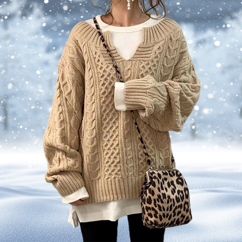 Damen Pullover – Grober Zopfstrick, V-Ausschnitt, Chunky Knit, Langarm-53262-efad0271-ea68-485c-995b-a6149e839b07