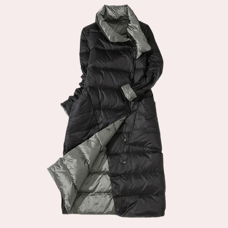 Damen Puffer Mantel – Zweifarbig, Oversize, Wadenlang, Hoher Kragen, Polyester-54885-58562551152970