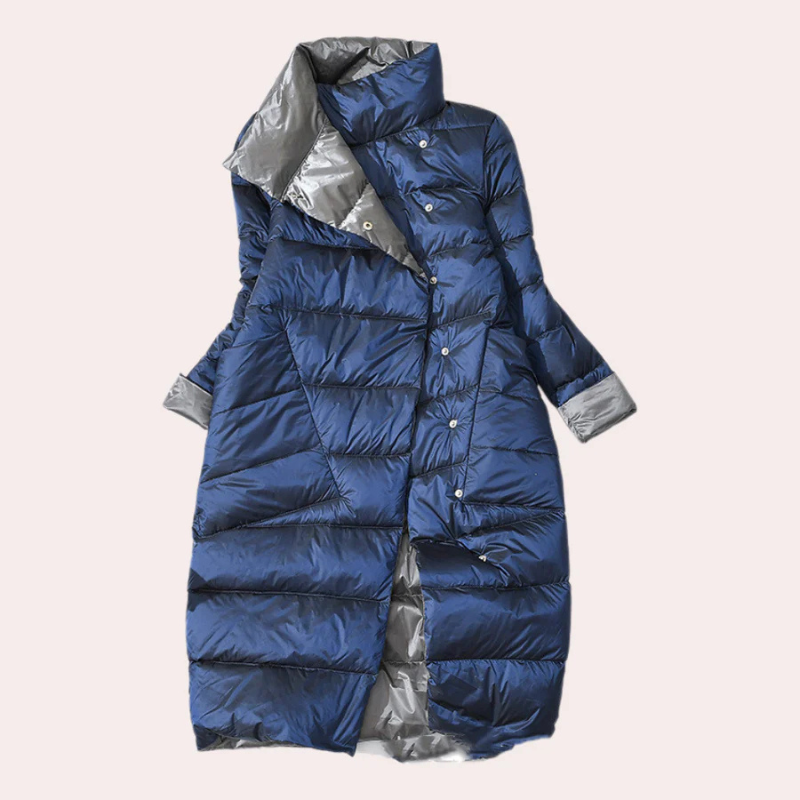 Damen Puffer Mantel – Zweifarbig, Oversize, Wadenlang, Hoher Kragen, Polyester-54885-58562551677258