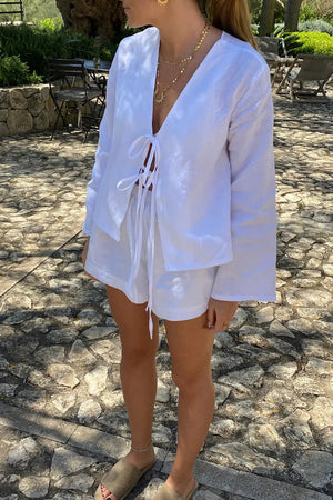 Damen Leinen Zweiteiler – Langarm Top mit Bindedetail & Shorts mit Gummibund, Lässig-83296-a10f04bf-769e-4a13-b329-81119069d0ce