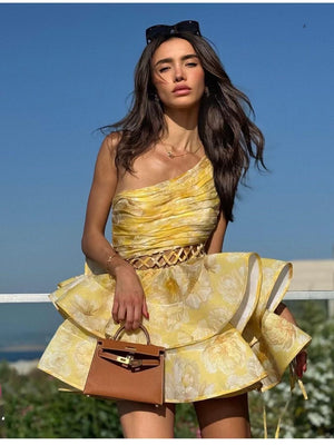 Damen Kleid – Blumen Print, One-Shoulder, Asymmetrischer Rüschen Saum-83680-a57d4436-2264-4205-9645-ae1107f0ca76