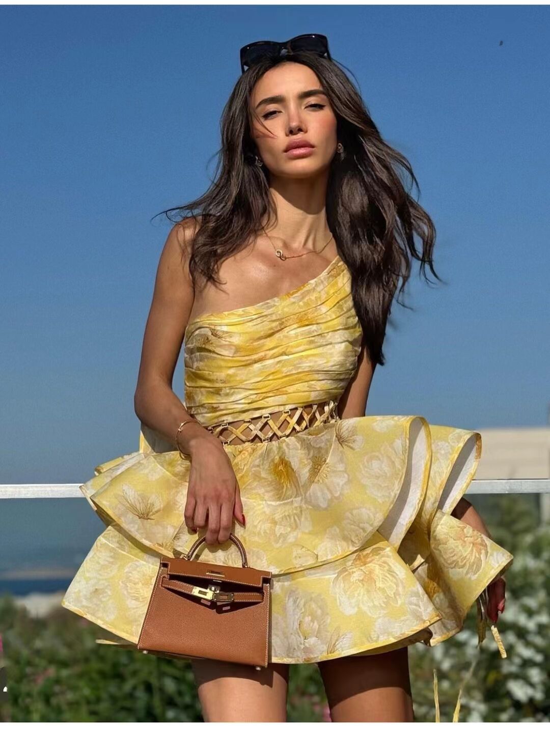 Damen Kleid – Blumen Print, One-Shoulder, Asymmetrischer Rüschen Saum-83680-a57d4436-2264-4205-9645-ae1107f0ca76