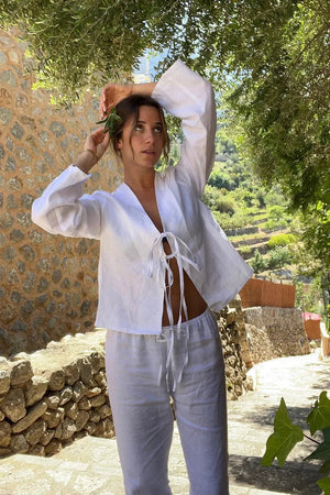 Damen Leinen Zweiteiler – Langarm Top mit Bindedetail & Shorts mit Gummibund, Lässig-83296-a8cba507-ac90-445f-9ac0-6c97ae2b8dfd