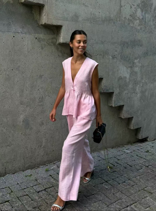 AVA MODA Damen Zweiteiler Leinen – Ärmelloses Top, Weite Hose, V-Ausschnitt-83272-b1eeada0-3c57-45d9-a700-d5eb9a76aeed