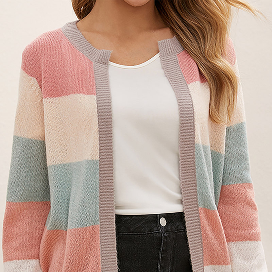 Damen Strickcardigan – Gestreiftes Color Block Design, Offene Front-74430-b7d7e3fb-8756-4304-aa65-510c351829d7