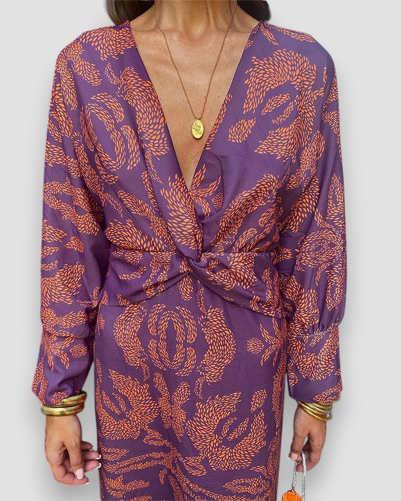 Damen Langarmkleid – Bedruckt mit V-Ausschnitt & Knotendetail-83293-b9864ab2-3095-4c32-9fb1-bef3660ebc0d