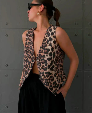 Animal Print Top - Ärmellos, V-Ausschnitt
