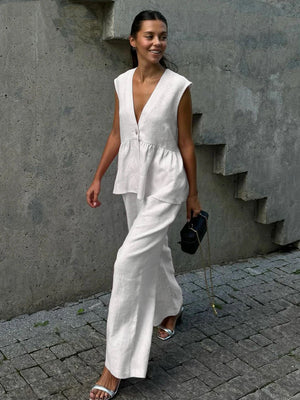 AVA MODA Damen Zweiteiler Leinen – Ärmelloses Top, Weite Hose, V-Ausschnitt-83272-bb226c62-e64a-410b-b229-9a98c1cb577a