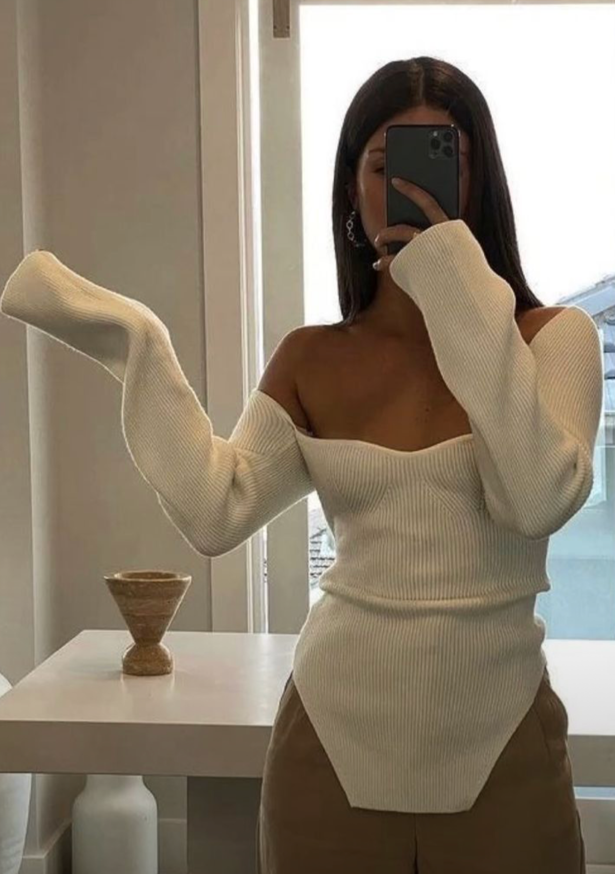 Ribbed Knit Top - Asymmetrical Hemline