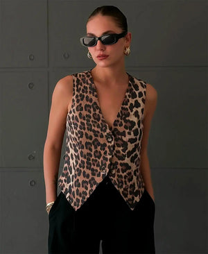 Animal Print Top - Ärmellos, V-Ausschnitt
