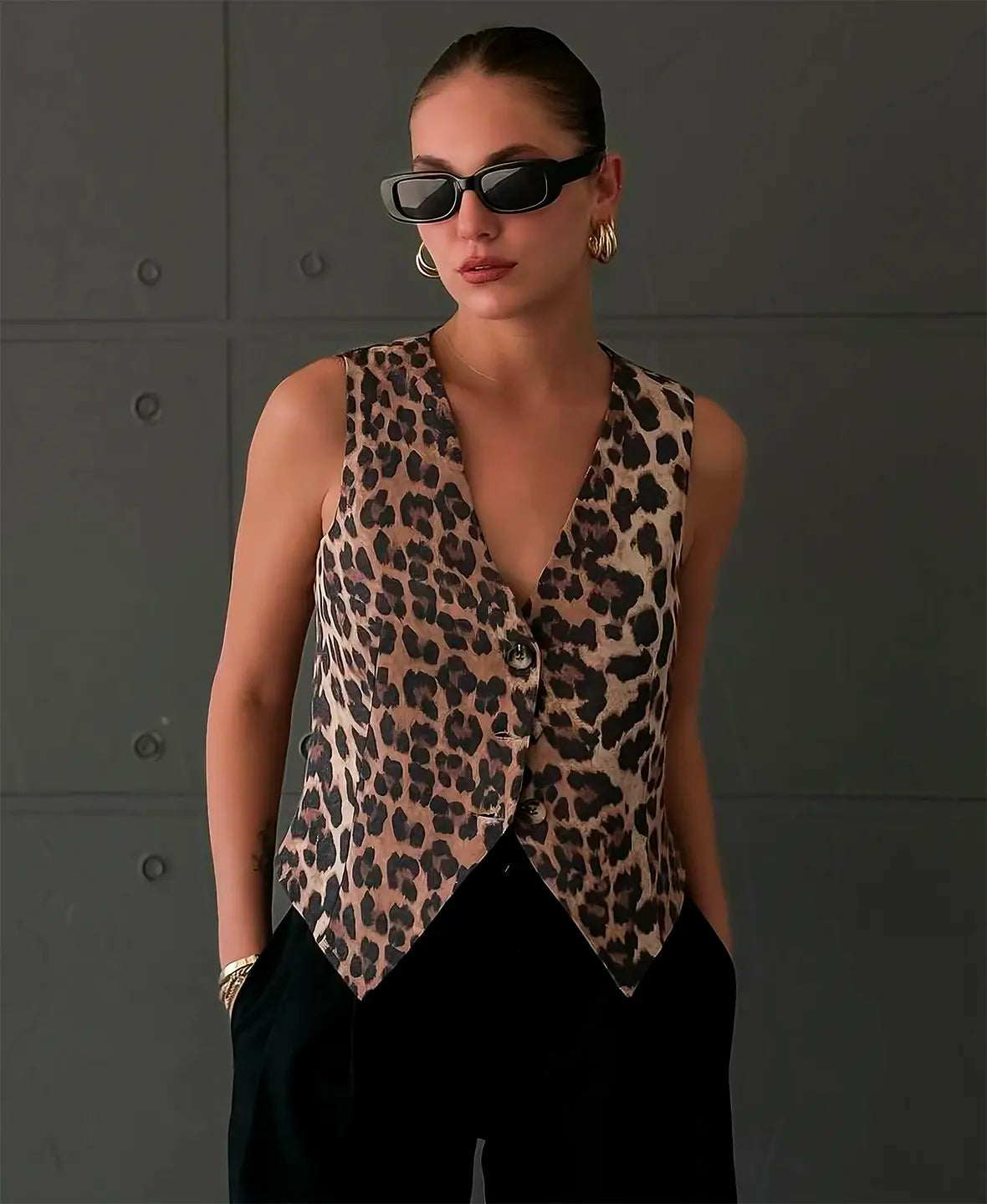 Animal Print Top - Ärmellos, V-Ausschnitt
