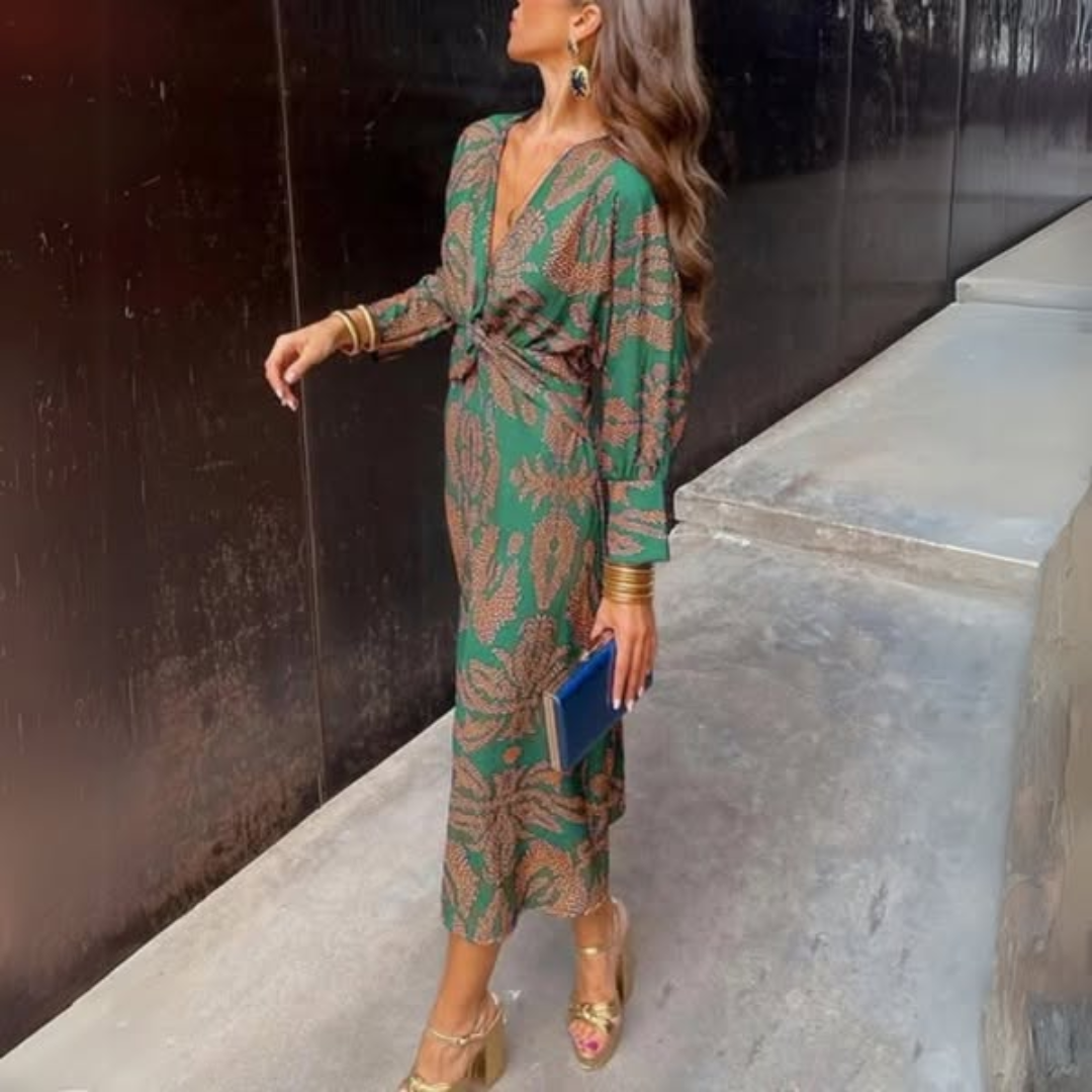 Damen Langarmkleid – Bedruckt mit V-Ausschnitt & Knotendetail-83293-c2aa4b38-8cf7-4743-9ead-e7af288d0288