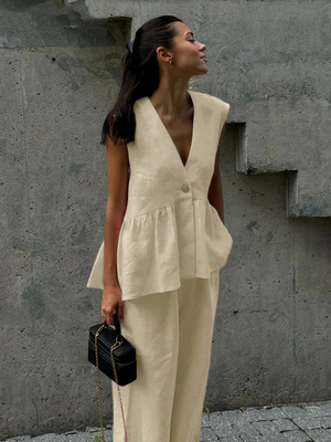 AVA MODA Damen Zweiteiler Leinen – Ärmelloses Top, Weite Hose, V-Ausschnitt-83272-c7b9376a-e9aa-4294-a754-0fe2a3d92b64