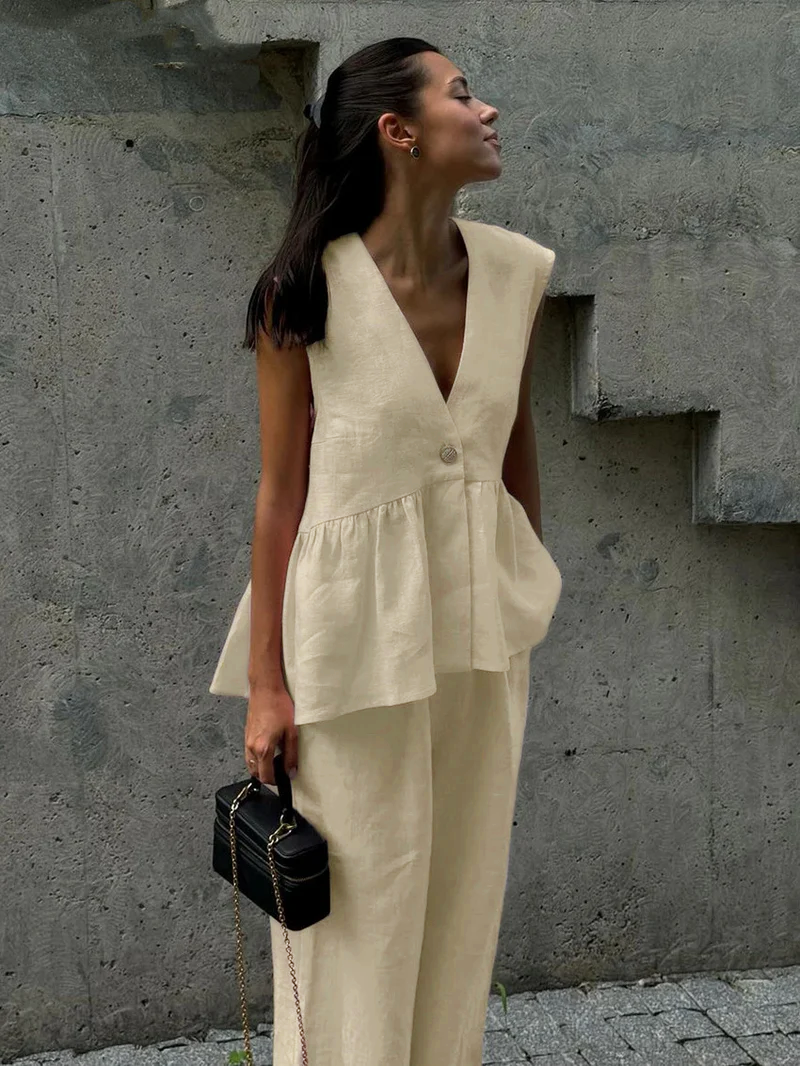 AVA MODA Damen Zweiteiler Leinen – Ärmelloses Top, Weite Hose, V-Ausschnitt-83272-c7b9376a-e9aa-4294-a754-0fe2a3d92b64