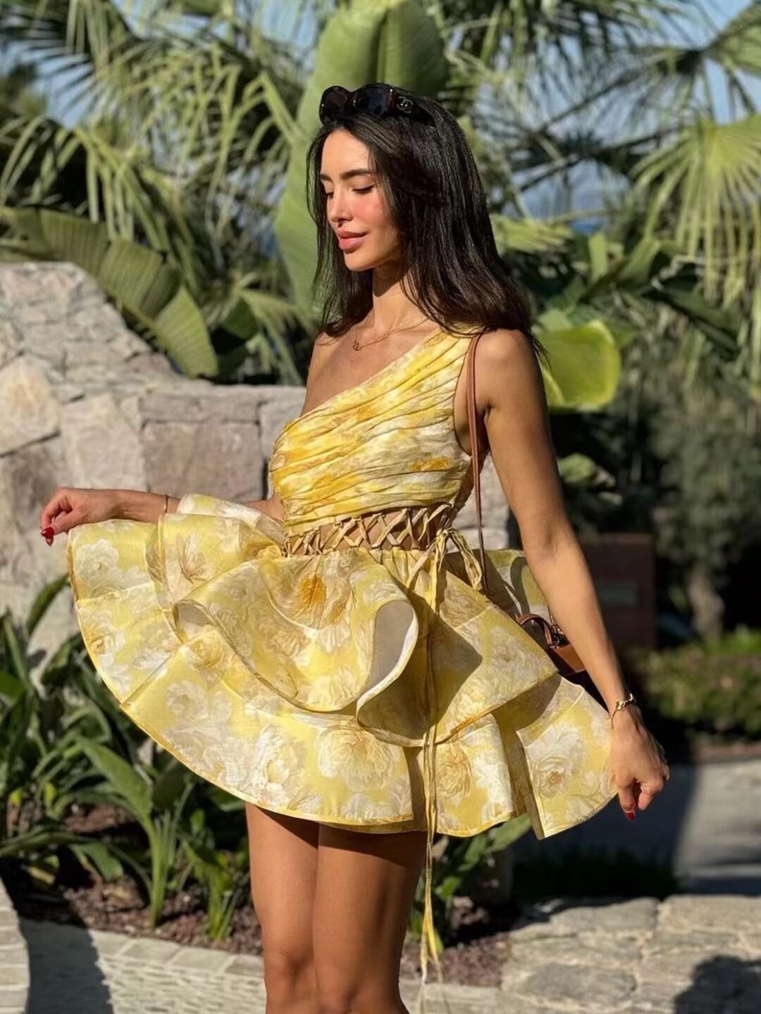 Damen Kleid – Blumen Print, One-Shoulder, Asymmetrischer Rüschen Saum-83680-d42e66dd-3d9f-432e-b817-cb1c253e1d36