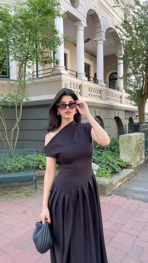 Asymmetrical Dress - High Neck, Fitted Bodice