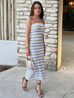 Damen Strickkleid Trägerlos Gestreift – Bequemes Sommerkleid für Freizeit & Urlaub-81460-d8ed5fb8-953d-448f-a340-0570781f6856